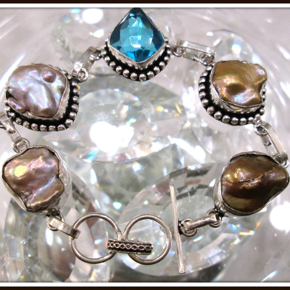 NATURAL PEARL BLUE TOPAZ STUNNING 925 SILVER BRACELET